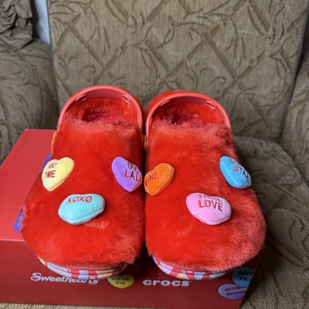 CROCS Red Fuzzy Mules with Heart Accents